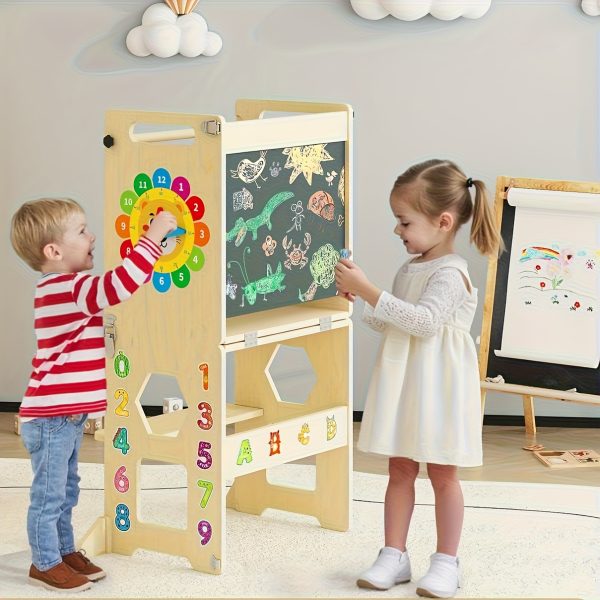 4-in-1 Toddler Standing Tower with Learning Clock & Blackboard - Foldable Multi-Functional Step Stool, Wood Climbing Ladder & for & (Toddler Learning, Motor Skills Development)
