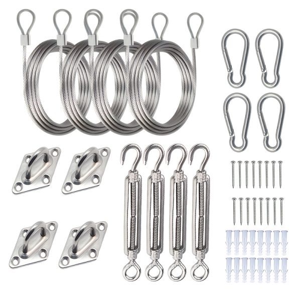 Stainless Steel 48pcs Sunshade Sail Hardware Kit - Triangular And Square Awning Fixing Accessory Set - for Outdoor Use, Includes Screw Buckles, Spring Hooks, Eye Pads, PVC Coated Steel Wire Rope, And Screws