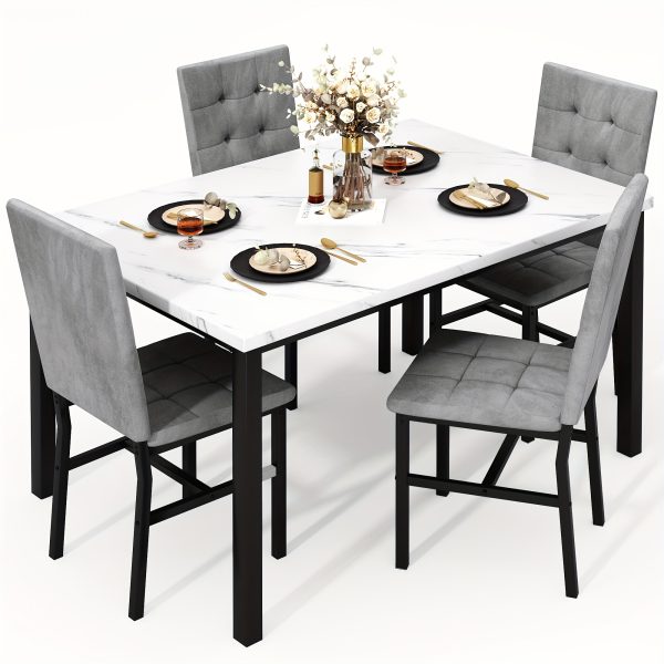product-fancy-78e65e33-219f-457c-92e2-d54a7091abc8 LAMERGE 5pcs Of Dining Table Set, Dining Room Table Set Can Be Used By 4 People, Kitchen Table Set, 1 Artificial Anti-marble Pattern Table And 4 Metal Legs Chairs, Suitable for Living Room, Dining Room, Kitchen Furniture