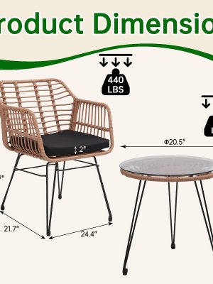 3pcs Outdoor Rattan Bistro Table and Chairs Set - Contemporary Boho Furniture with Tabletop, UV & Rain Resistant Suitable for, Poolside, Balcony, Black/Natural Rattan, All-Weather for /Outdoor Use