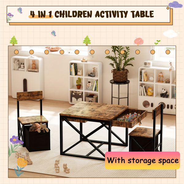 product-fancy-799e30ff-6783-41db-a793-8554fbebddfe 4-in-1 Kids Table And 2 Chairs Set With Storage Bins, Rustic Toddler Activity Desk For Playroom, Wooden Childrens Furniture For Crafts, Drawing & Reading