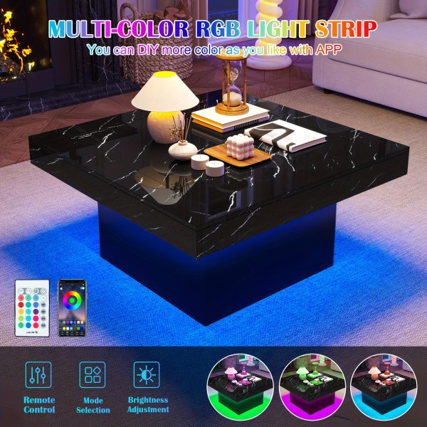 product-fancy-79dc401e-cd3e-4f2f-8dd8-6bb3c7cbc949 Modern Luxury Low-Profile Square Coffee Table with LED Lights - Space-Saving Faux Marble Top & Engineered Wood Base Suitable for Small Spaces, Compact Living Room Center Table, Assembly, Black/Brown