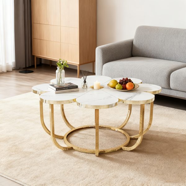 Modern Decorative Table in White And Golden, Shaped Like a Petal, for The Central Area of The Living Room