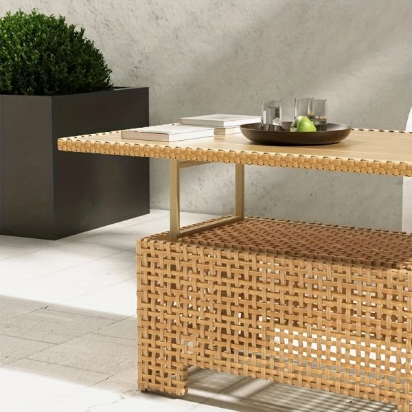[Outdoor Wicker Table] Extendable Outdoor Wicker Coffee Table Measuring 51.25 Inches in Length And 27 Inches in Width, Featuring a Luxurious Brown Woodgrain End That Offers a Natural Feel And Outstanding Durability