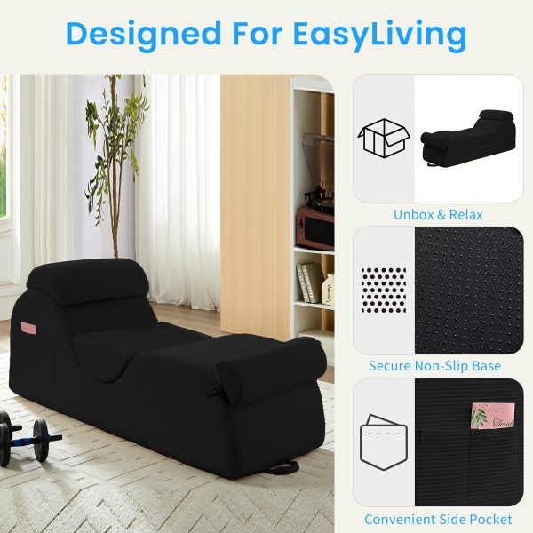 product-fancy-7a5db043-0c3d-4dcf-ad70-b21def3313d2 Striped Adult Yoga Chair, Indoor Toilet Chair with Side Pockets, Headrest, Lumbar Cushion, Movable Footrest, Curved Yoga Sofa for Relaxing And Stretching in Bedroom, Black