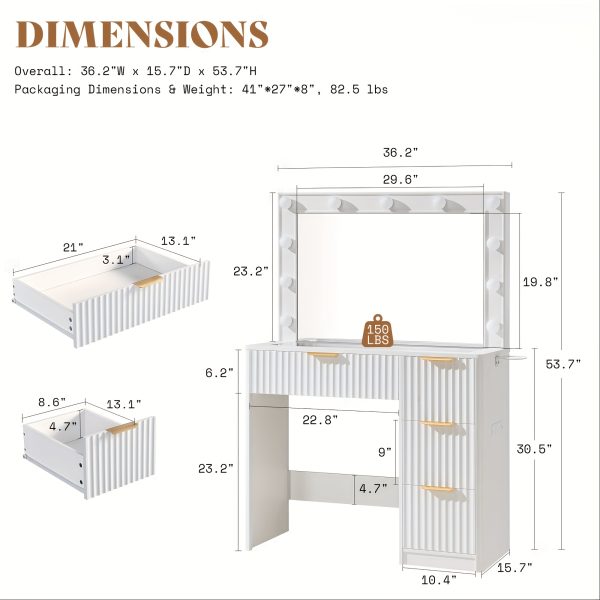 product-fancy-7ac4d901-6db5-4d3a-95fa-2a61d21ede26 ALBOTT Fluted Vanity Desk With Large Mirror, Adjustable LED Lights, Glass Top, Charging Station And 4 Or 7 Drawers Makeup Table For Women And Girls, Suitable For Home Use
