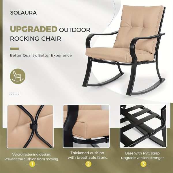 [Outdoor Rocking Chairs] 3pcs Outdoor Rocking Chairs Bistro Set, Black Iron Patio Furniture With Red Thickened Cushion & Glass-Top Coffee Table