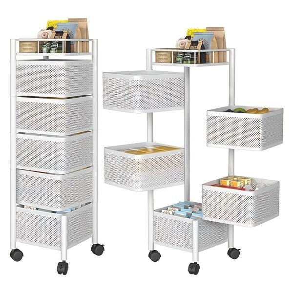 product-fancy-7b12a252-4468-4ada-8d65-27b3928b53fb Rotating Kitchen Storage Shelf 5 Tier, Metal Fruit Vegetable Storage Basket Multi-Layer Vegetable Rack Storage Trolley on Wheels, Floor-Standing Basket for Kitchen Bathroom, Square