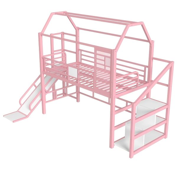 product-fancy-7b220dc7-2414-430e-b562-78e5b653486a BELLEMAVE 2-1 Twin Loft Bed with Slide And Stairs, Metal Playhouse Bed with Storage Shelves, House-shaped Loft Bed And Noise-free Design, Pink