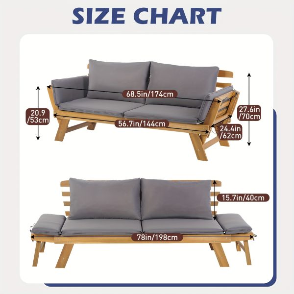Outdoor Seating Arrangement Featuring a Wooden Sofa Bed with Adjustable Settings, Complete with Plush Cushions, Ideal for Two Individuals, Perfect for Small Spaces Like Balconies, Backyards, Or by The Pool