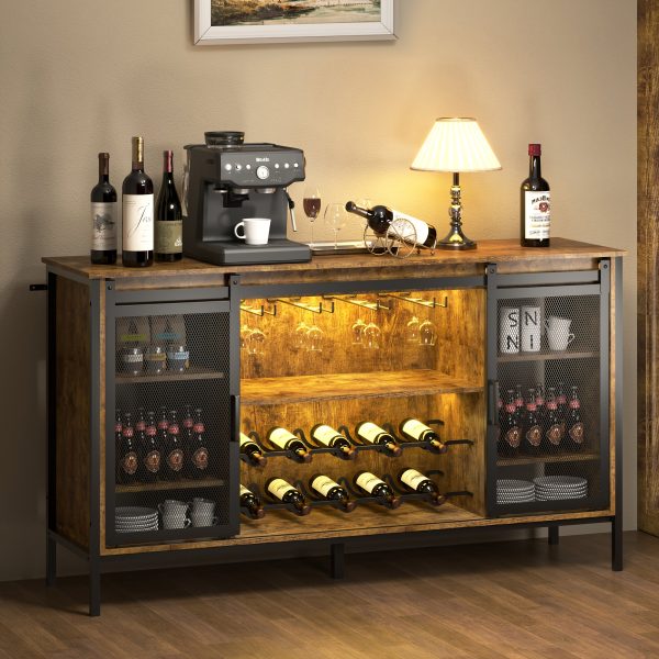 Wine Cabinet for Apartment Dormitory A 55-inch-long, 32-inch-high Farmhouse-style Bar Cabinet Featuring A Wine Rack, Glass Rack, And Storage Space On Both Sides; Finished In A Brown, Natural Wood Tone; Perfect for Use As A Sideboard In The Living
