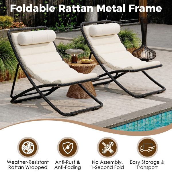 [Outdoor Folding Chair] TREXM 2pcs Outdoor Folding Chair, Rattan-Wrapped Patio Chair with Adjustable Backrest, Thick Cushion, and Detachable Headrest, for the Poolside, Beach, Backyard, Decck, and Camping