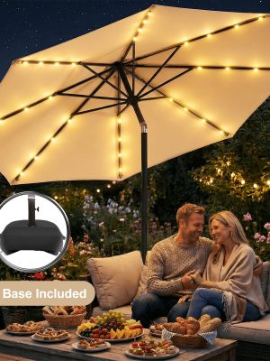 [Christmas & Halloween] Deluxe 32 LED Lighted Patio Umbrella - Navy Blue/Beige/Red/Brown, Solar 10Ft Market Umbrella with Base, Outdoor Table Umbrella with Ventilation, Solar Umbrella with Push Button Tilt/Crank for Garden, Deck, Backyard, Pool, Christmas & Halloween