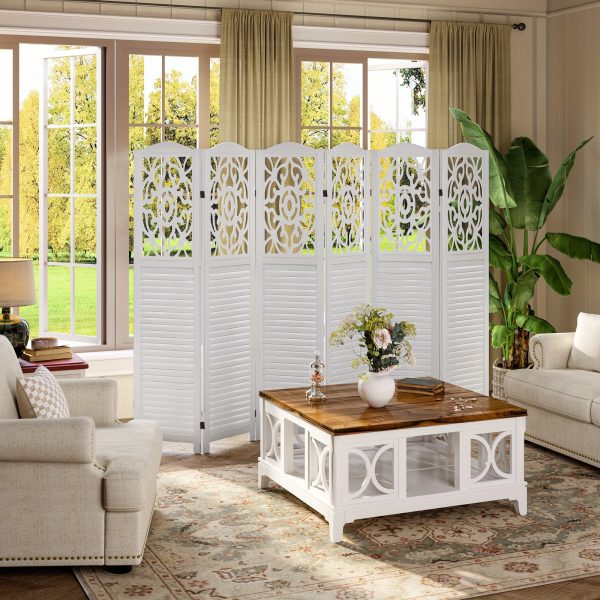 product-fancy-7cc1a106-cdd3-4260-96a0-23bc12d18c66 4/6 Panel Room Divider, 5.58 FT Folding Privacy Screen Room Separation, Freestanding Partition for Home Office Garden, Wood Carved Portable Room Divider Panel, Antique White/Rustic Brown