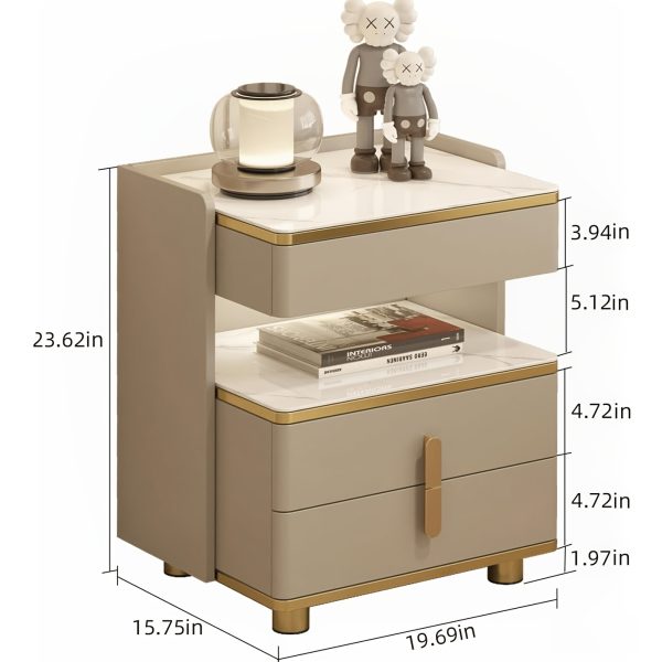 product-fancy-7d411e42-a1ec-4d99-9b7c-8fa071f5cbdf Modern Marble-Top Nightstand with Golden Trim, 3-Drawer Beside Table with Open Shelf, Tempered Glass Countertop, Rounded Corners And Silent Slides for Bedroom, Luxury Minimalist Storage Cabinet 1/2pcs