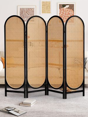 4 Panels Room Dividers And Folding Privacy Screens, Hand-Woven Rattan Room Divider Wall, Wood Room Divider Freestanding Room Partitions Screen For Home Office Bedroom, Black