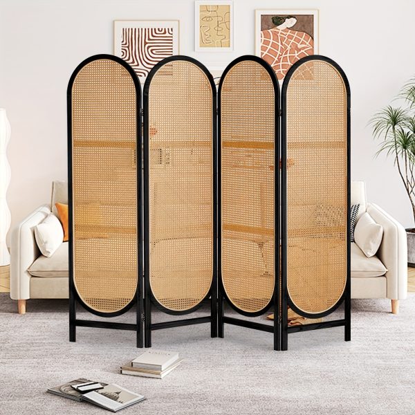 product-fancy-7d7ff32b-4221-4dd8-beb2-393f84107a05 4 Panels Room Dividers And Folding Privacy Screens, Hand-Woven Rattan Room Divider Wall, Wood Room Divider Freestanding Room Partitions Screen For Home Office Bedroom, Black