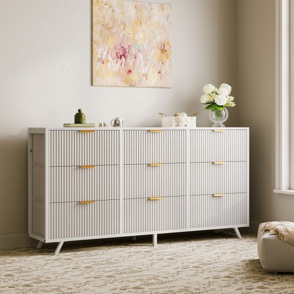 Bedroom Dresser with 9 Drawers, 57" Wide Modern Chest of Drawers, Wooden Dresser TV Stand, Wood Closet Clothes Storage Organizer for Living Room, Hallway, Natural Oak