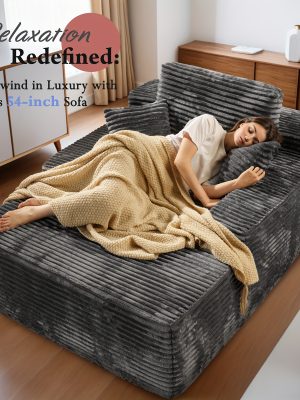67" Oversized Boneless Lounge Chaise - Corduroy/Plush Fabric/Teddy Fleece Floor Couch with Pillows And Armrests | Deep Seat Single Sofa Bed with High Density Sponge Cushion | U Sleeper Couch for Living Room, Apartment, Bedroom | No Assembly Required