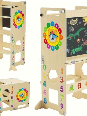 4-in-1 Toddler Standing Tower with Learning Clock & Blackboard - Foldable Multi-Functional Step Stool, Wood Climbing Ladder & for & (Toddler Learning, Motor Skills Development)