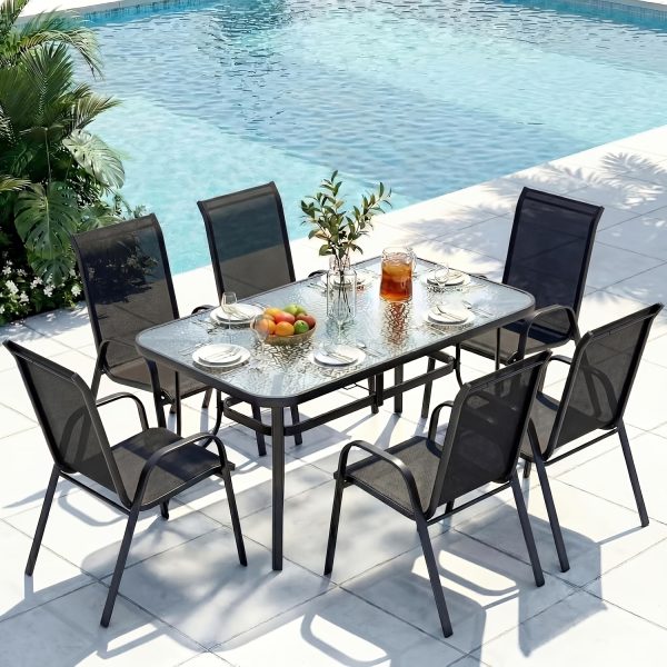 7pcs Outdoor Table And Chairs for 6, Outdoor Dining Set W/Rectangle Glass Table And 6 Patio Textilene Stackable Chairs, Patio Furniture Set W/Umbrella Hole, Umbrella Not Included