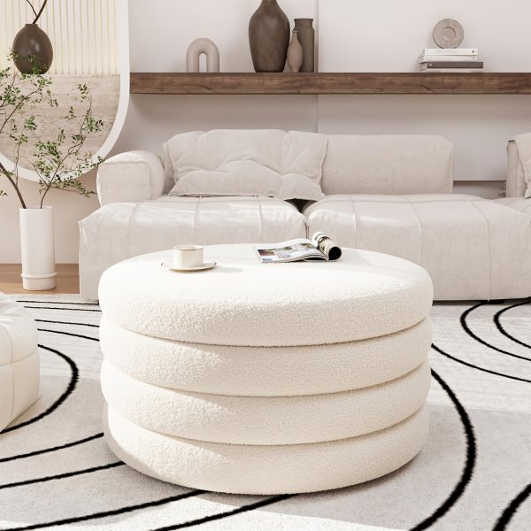 product-fancy-7ed1222d-e9c6-49ad-bd56-719ca6792ece 30 Inch Round Ottoman Coffee Table with Storage & Sherpa Top - Large Multi-Functional Modern Footrest Suitable for Couch, Cream White Frame/Plywood Base Furniture for Living Room, Space-Saving Tray Table for Small Spaces