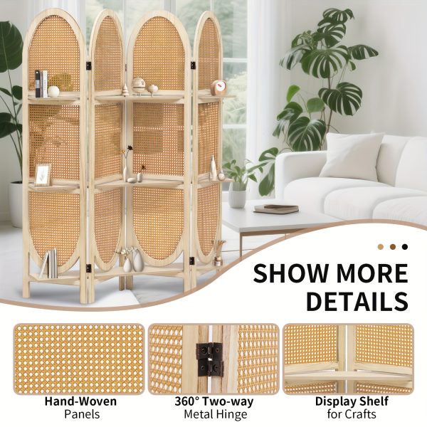 product-fancy-7eeb60fa-8b4e-4d9d-bcbd-b97800fa3fce Four-Panel Wooden Room Divider, Collapsible with a Hand-Woven Rattan Privacy Screen - Room Partitions Featuring Three Display Shelves, Ideal for Home, Office, Study, Or Art Exhibitions