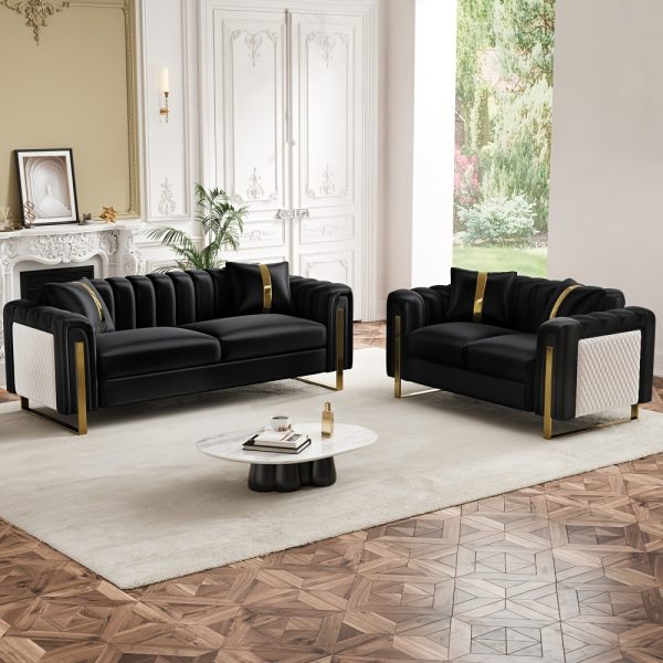product-fancy-7fa24735-3a4d-493d-ba60-93aa60427153 Set of 2 67" 2-Seater/ 84.7" 3-Seater Chesterfield Sofas Luxury Velvet Couches Modern White And Golden Sofas for Living Room, Mid-Century Victorian Loveseats with Removable Cushions And 2 Toss Pillows And Golden Metal Legs