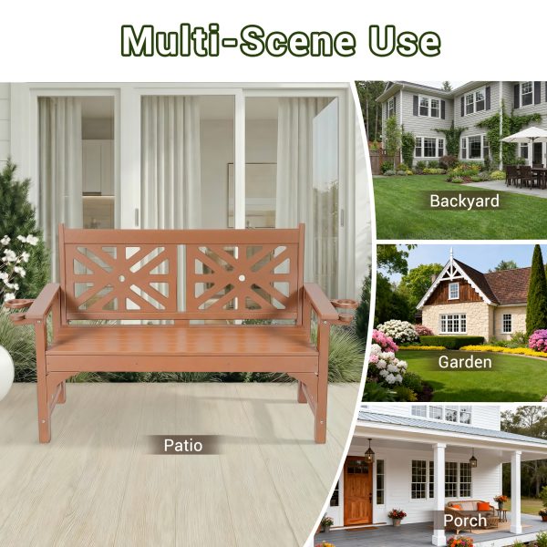 product-fancy-7fcd5429-e093-47b3-98f7-5f1ec70ace77 Outdoor Bench with Cup Holders, HDPE Weatherproof Garden Bench 2-Person, Fade/Rot Resistance Patio Benches for Porch And Park