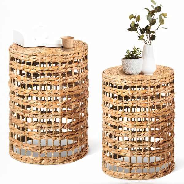 product-fancy-7fd1f06e-aeb3-42c1-8619-25b03848fb1b Handwoven Outdoor Side Tables, Set of 2 Natural Water Hyacinth Outside End Tables, Round Coffee Table for Patio, Garden, Backyard, Indoor Outdoor Plant Or End Table