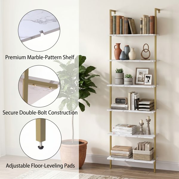 product-fancy-7fe1f617-3c33-4fef-84ed-4dcc126f0bee 6 Tier Industrial Wall Mounted Shelves, White Faux Marble Floating Shelves, Open Storage Display Plant Rack for Living Room Kitchen Bedroom Office