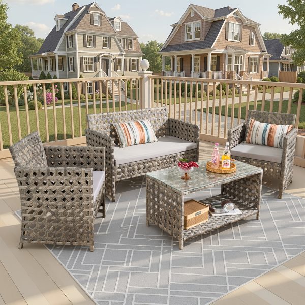 4pcs Outdoor Seating Arrangement, Durable Grey Rattan Garden Furniture Collection, Wicker Sofa with Chairs And Coffee Table, High-Back Rattan Loveseat with Comfortable Cushions for Patio, Available in 3 Fabric Color Choices