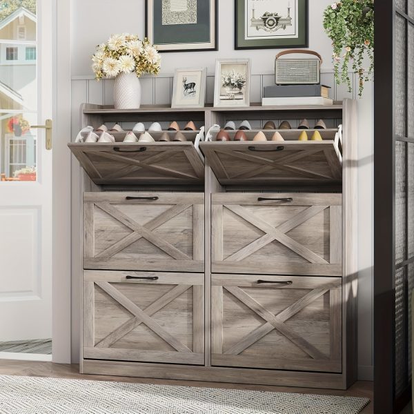 product-fancy-7ff59936-8773-4230-bf84-9de1a6ef2188 Washed Gray Shoe Storage Cabinet with 6 Flip Drawers | Narrow Freestanding Shoe Cabinet and Shoe Storage Organizer with Metal Handles for Entryway, Large Shoe Rack Organizer, Modern Farmhouse Style, Ideal for Shoe Racks, Made of Particle Board