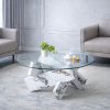 product-fancy-801a3da4-6664-47c1-a0a5-8aad6696be98 Modern Round Glass Coffee Table 33.4", Clear Tempered Glass Top with White Patterned MDF Legs, Stable Load Bearing 130 Lbs, Unique Contemporary Center Table for Living Room, Dining Room, Apartment, Easy Assembly In 10-15 Minutes.
