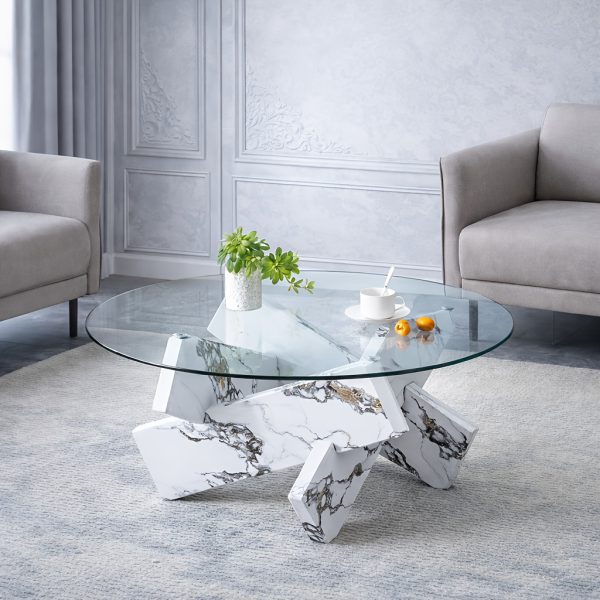 product-fancy-801a3da4-6664-47c1-a0a5-8aad6696be98 Modern Round Glass Coffee Table 33.4", Clear Tempered Glass Top with White Patterned MDF Legs, Stable Load Bearing 130 Lbs, Unique Contemporary Center Table for Living Room, Dining Room, Apartment, Easy Assembly In 10-15 Minutes.