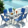 7pcs Outdoor Table And Chairs for 6, Outdoor Dining Set W/Rectangle Glass Table And 6 Patio Textilene Stackable Chairs, Patio Furniture Set W/Umbrella Hole, Umbrella Not Included