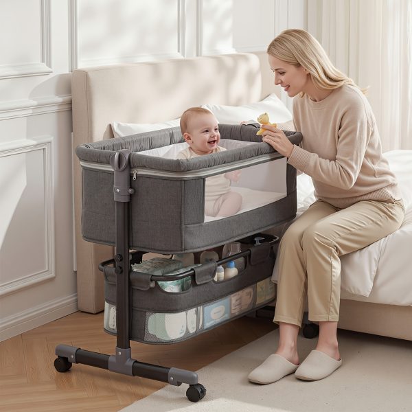 product-fancy-8067d0d4-65ac-4429-9881-7fb79ecda41c 3in 1 Baby Crib, Baby Bassinet Bedside, Bedside Crib for Baby, Adjustable Baby Bassinet with Wheels, Storage Basket, Mattress, Easy Assemble & Folding Portable Baby Cradle (Grey), Wt: 18.3 Lbs, Age: 6m+, Max Cap: 55 Lbs