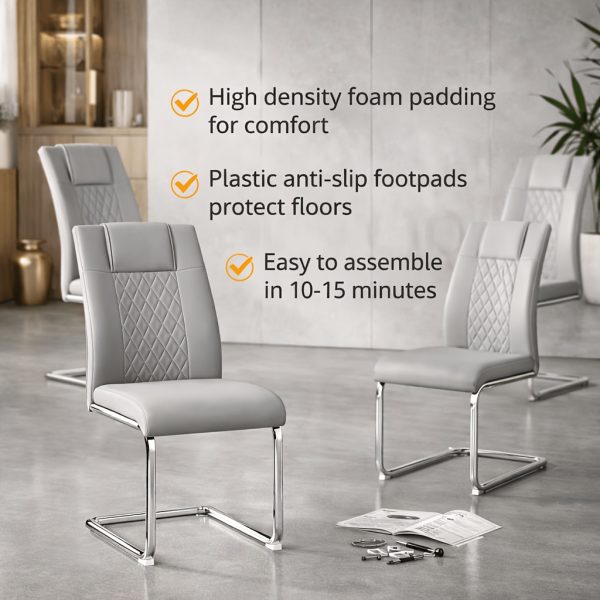 product-fancy-807d137b-0718-499d-809e-002eec7b9652 Modern PU Leather Dining Chairs Set of 4 - Light Gray/Dark Gray Suitable for Kitchen, Living Room & Dining Room, Foam Cushioned Seats, Cantilever Base with Anti-Slip Footpads, PVC-Coated Faux Leather Armless Chairs, Easy Assembly