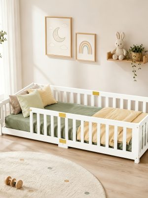 Twin Toddler Floor Bed, Twin Floor Bed Frames for Girls/Kids/Baby, Floor Bed for Toddlers 1-3 Years Old, Floor Bed with Rails & Lockable Door, Twin Size Floor Bed - White