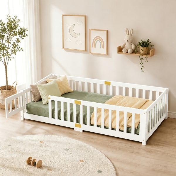 product-fancy-807d6bd9-2740-47a2-a9f6-c68d63cbe250 Twin Toddler Floor Bed, Twin Floor Bed Frames for Girls/Kids/Baby, Floor Bed for Toddlers 1-3 Years Old, Floor Bed with Rails & Lockable Door, Twin Size Floor Bed - White