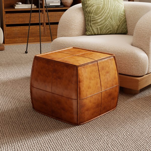 Leather Ottoman, Handmade Stuffed Square Ottoman, Genuine Leather Pouf, Foot Rest Pouf, Comfortable Soft Seating for Living Room& Bedroom(Brown, Black, Grey, Square)