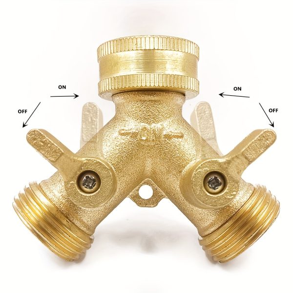 A Solid Brass Heavy-Duty Dual-Direction Y-Shaped Water Faucet Diverter, Weighing 166G, Made of Brass, Featuring a Garden Hose Splitter with Two Outlets And a GHT 3/4 Connector Valve, Includes Two 3/4" Waterproof Washers