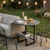 [Outdoor Round Side Table] Outdoor Round Side Table With Double-Layer Storage Shelf, MarbleTexture Imitation Stone Courtyard End Table, Sturdy Black Metal Frame, Weather-Resistant Side Table Is Suitable For Balcony Coffee Corner, Small Space Courtyard/Terrace/Balcony Furnitur