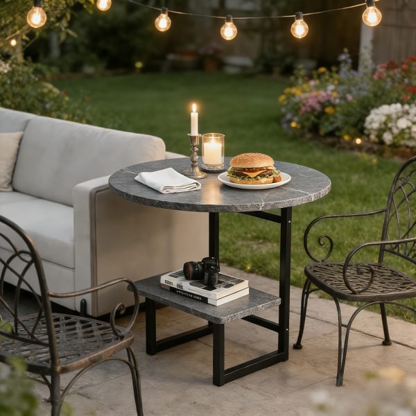 [Outdoor Round Side Table] Outdoor Round Side Table With Double-Layer Storage Shelf, MarbleTexture Imitation Stone Courtyard End Table, Sturdy Black Metal Frame, Weather-Resistant Side Table Is Suitable For Balcony Coffee Corner, Small Space Courtyard/Terrace/Balcony Furnitur