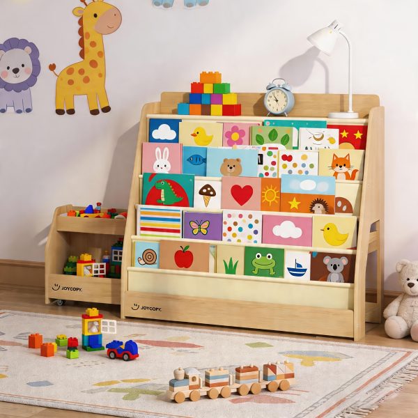 product-fancy-8239f871-2ffa-452d-bd7b-ab6fd35ee64f Triple Combination And Book Storage Organizer With Wheels - 5-tier Bookshelf + Mobile Storage Cart With Hidden Drawers, Space-saving Wooden Storage Cabinet, Suitable For Bedrooms, Playrooms, And Nurseries.