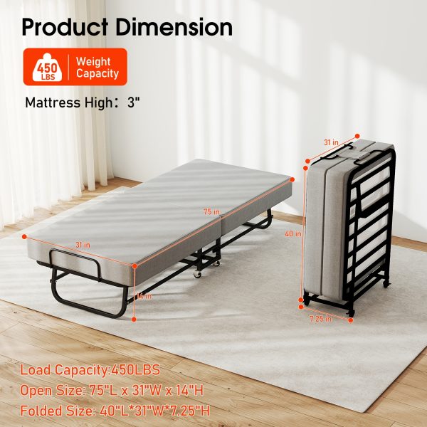 Twin Size Folding Bed with 3" Memory Foam Mattress, Foldable Roll Away Guest Bed for Adults, Sturdy Metal Platform Bed with Wheels, Space-Saving Design for Easy Storage, Portable Bed for Bedroom, Office & Apartments, 75''x31''