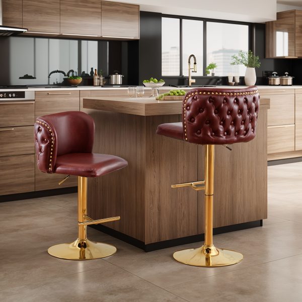product-fancy-82796b15-58fb-4b7b-aa12-409dcfad02ed Set Of 2 Modern Swivel Bar Stools, Adjustable Height Counter Height Stools with Tufted Button Back & Nailhead Trim, Luxury Barstools with Golden Metal Base for Kitchen Island & Home Bar