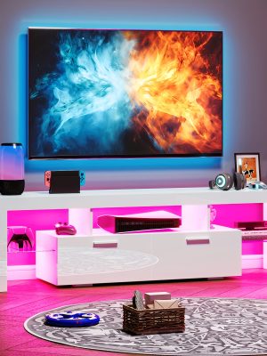 71" High Gloss LED TV Stand for 55/65/75/80 Inch TVs, Gaming Entertainment Center with Cabinet for PS5, Modern Media Console TV Stand with LED Lights, Wood Television Stand with Storage for Living Room, Game Room, Bedroom, White/Black