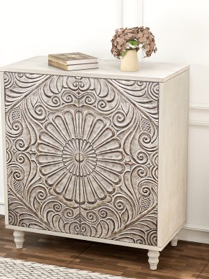 Vintage Carved Door Accent Cabinet with Adjustable Shelves & Suitable for Small Spaces - Compact Grey Storage Sideboard Buffet, -Standing Engineered Wood Furniture for Living Room, Dining Room, Entryway, Assembly