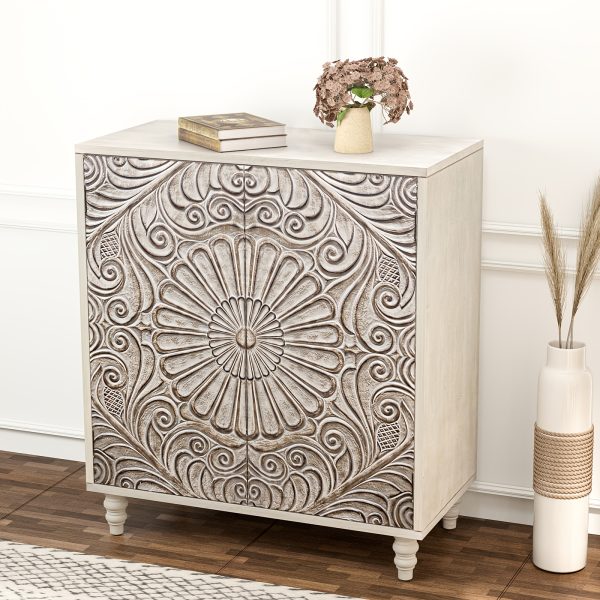 Vintage Carved Door Accent Cabinet with Adjustable Shelves & Suitable for Small Spaces - Compact Grey Storage Sideboard Buffet, -Standing Engineered Wood Furniture for Living Room, Dining Room, Entryway, Assembly